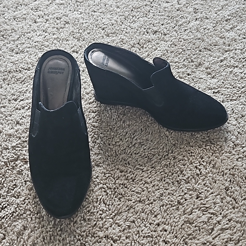 Johnston & Murphy, black suede wedge mules, size 8
